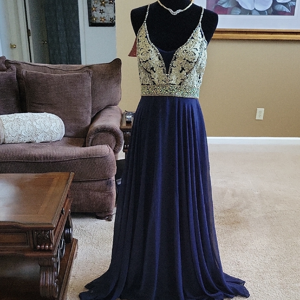 Xscape Navy and Gold Beaded V-Neck Prom Dress